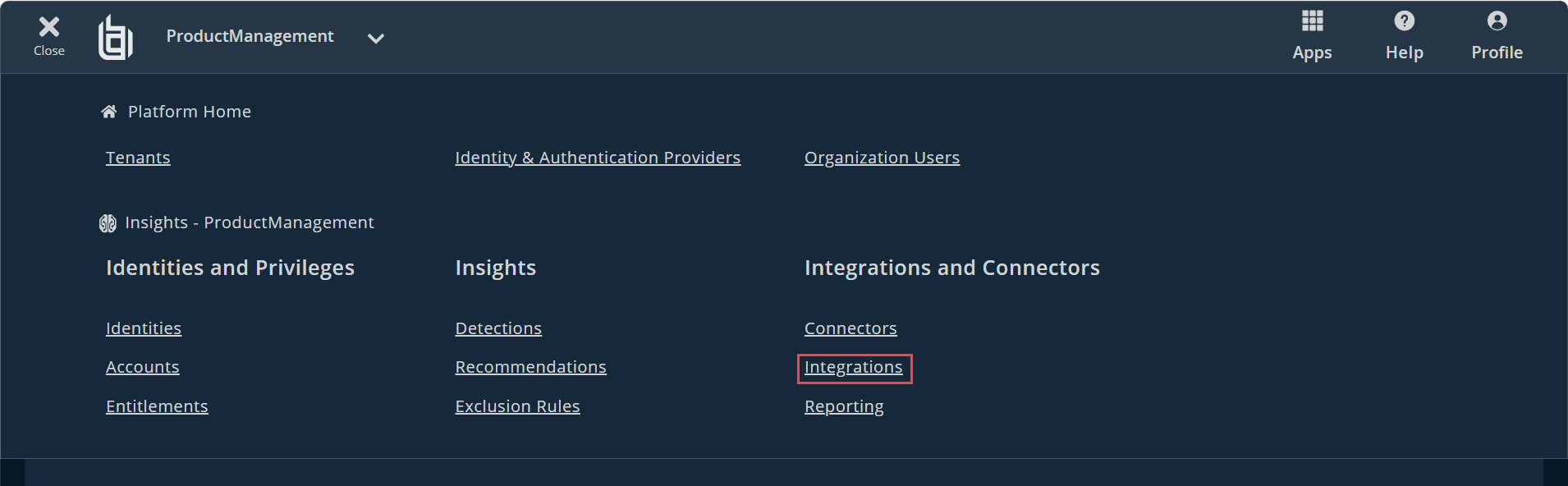 The locations of all available integrations in Insights.