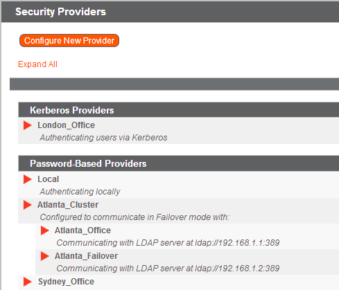 Security Providers Include LDAP, AD, RADIUS and Kerberos