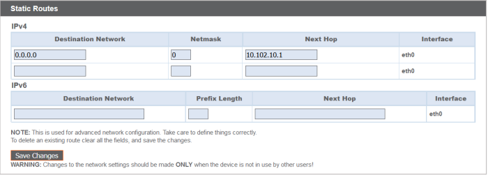 Bildschirmfoto der Seite Netzwerk > Statische Routen in /appliance