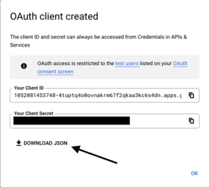 OAuth-Client erstellt Bestätigungsbildschirm, der die Client-ID und das Secret anzeigt.