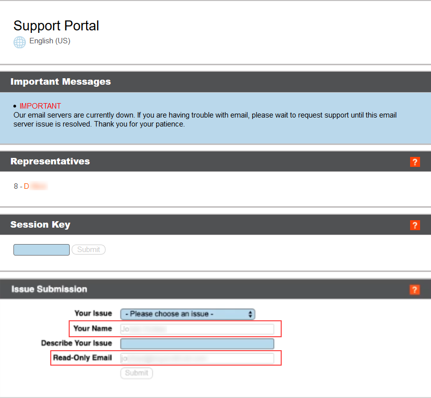Authentifizierte Support-Portal-Seite mit automatisch ausgefülltem Kundennamen und E-Mail