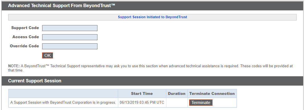 Der Bereich im erweiterten Support namens „Eine Support-Sitzung mit BeyondTrust Corporation läuft“ bei Anzeige der Startzeit einer Sitzung.
