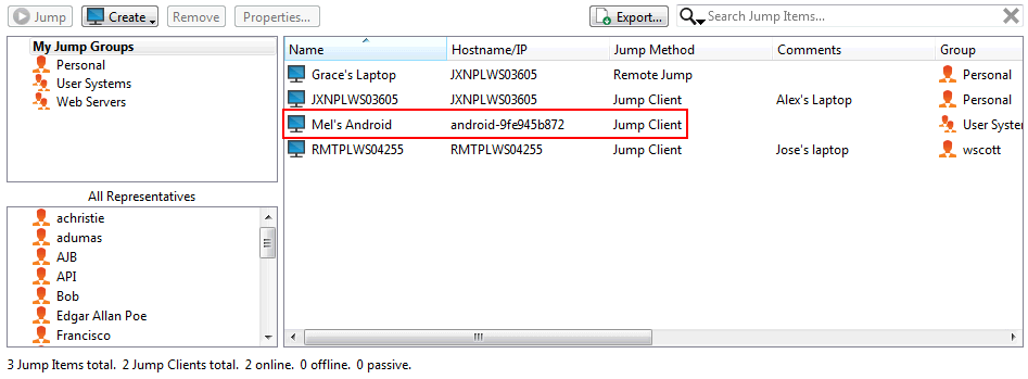 Sitzung mit persistentem fixierten Android Jump-Client