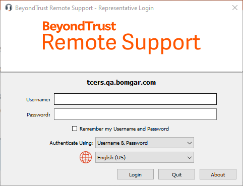 Geben Sie Benutzernamen und Passwort auf dem Bildschirm BeyondTrust-Remote-Support – Support-Techniker-Anmeldung ein.
