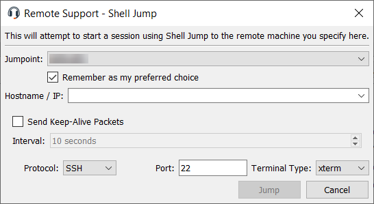 Die BeyondTrust Shell Jump-Aufforderung, bei der Sie Jumpoint, Hostname/IP und Port eingeben, um durch Shell Jump auf ein Remote-System zuzugreifen.