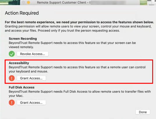 Bildschirmfoto der Aufforderung „Aktion erforderlich“ im Remote Support-Kunden-Client.