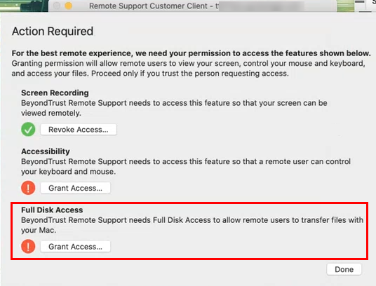 Bildschirmaufnahme der Eingabeaufforderung „Aktion erforderlich“ im Remote Support-Kunden-Client.