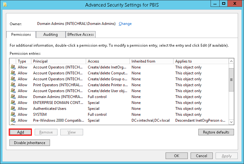 Advanced Security Settings dialog for an OU