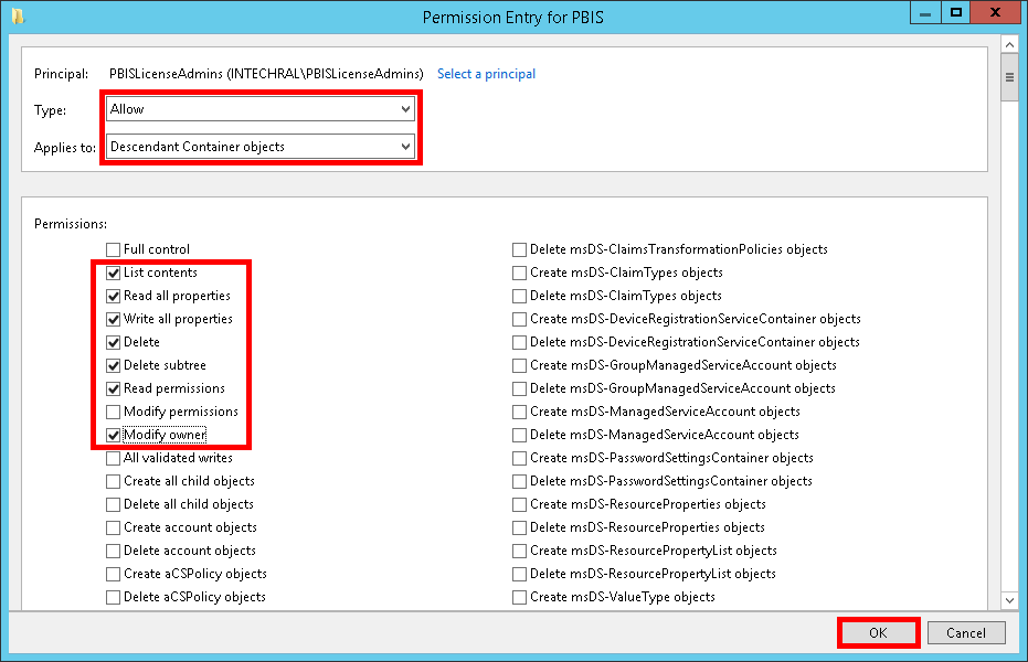 Permission Entry dialog box, allow descendant container objects