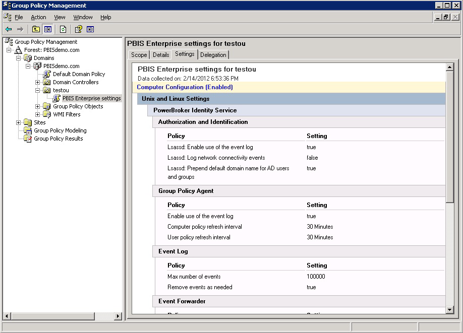 Group Policy Management > Forest > Domains > Your domain > Your Policy > PBIS Enterprise Settings