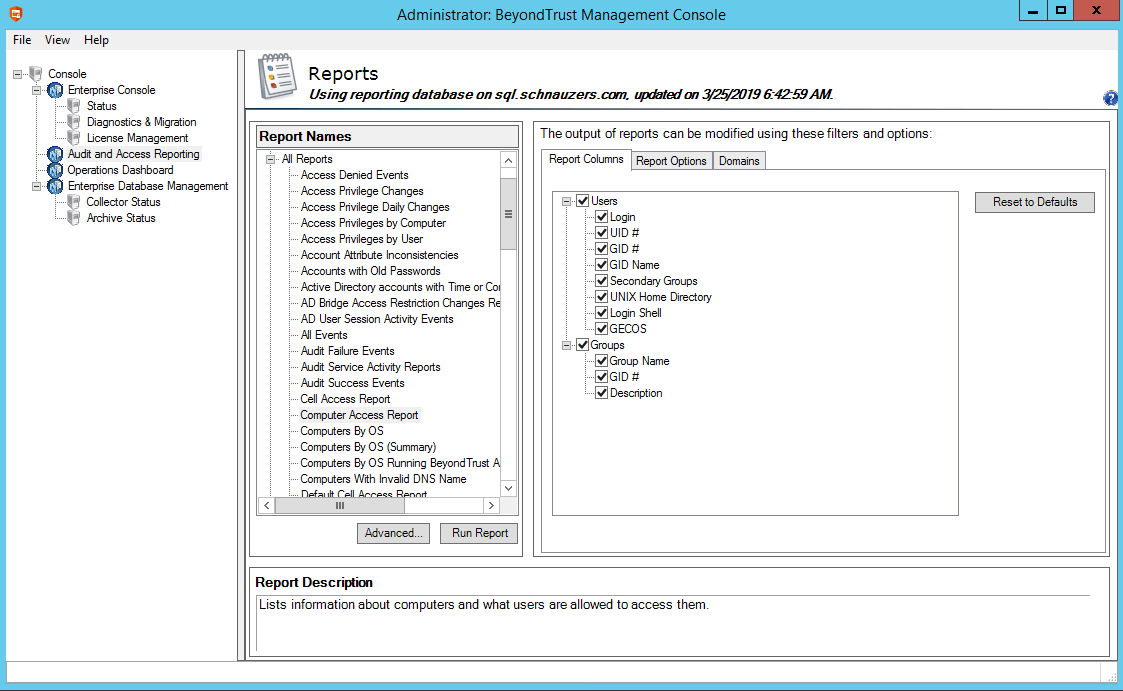 An image of a sample report configuration for computer access in BeyondTrust Management Console.
