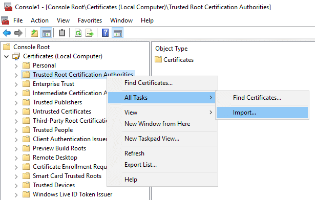 Import menu option in the MMC Certificates Snap-in