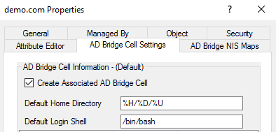 AD Bridge Cell Settings screen in Active Directory Users and Computers
