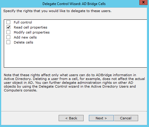 Permissions on the Delegate Control Wizard screen in Cell Manager