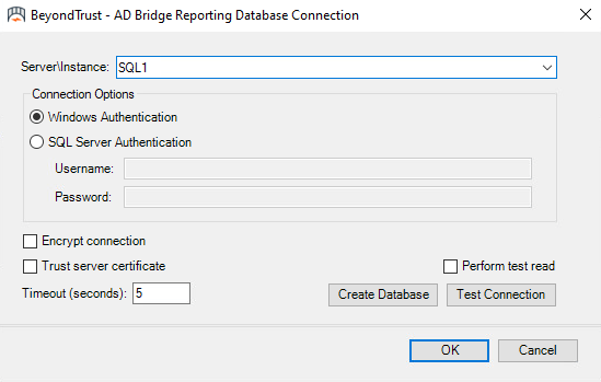 Reporting Database Connection dialog