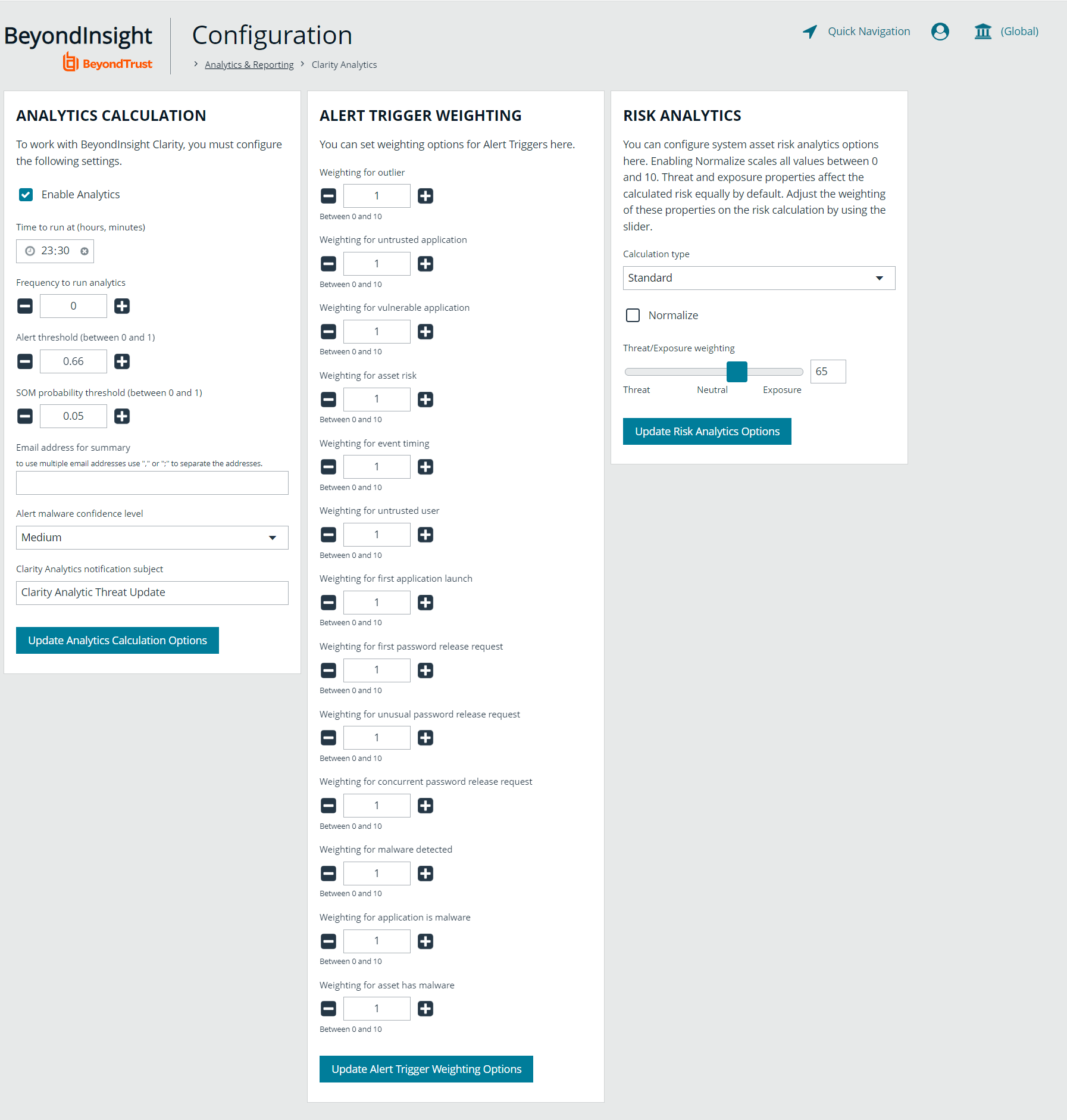 Clarity Analytics Options Configuration Page in BeyondInsight.