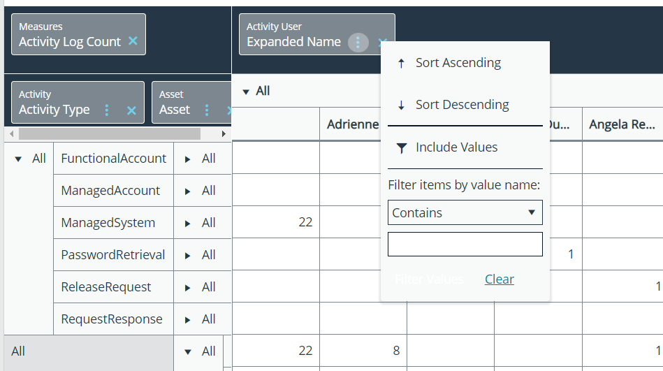 Sorting options and filter fields available within the pivot grid.