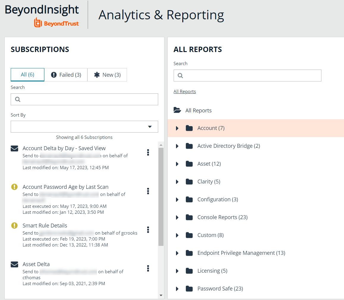 ubscriptions pane on the Analytics & Reporting page in BeyondInsight.