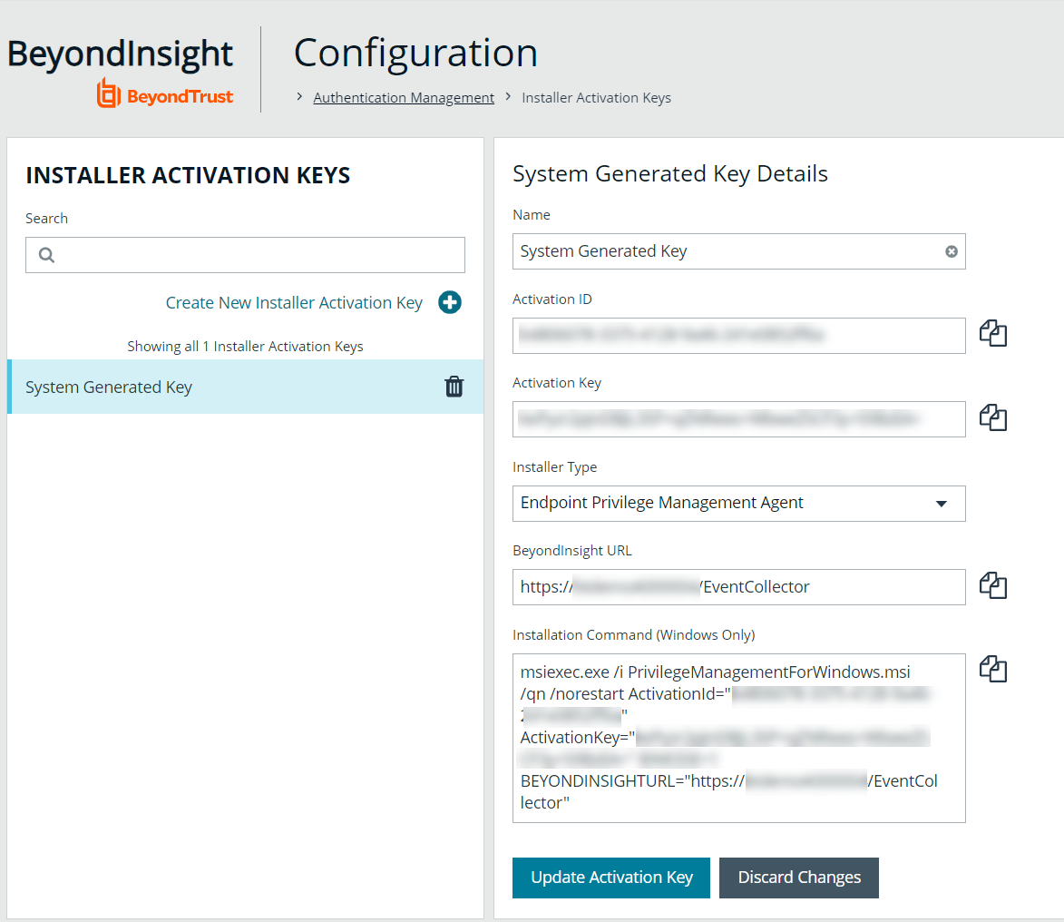 Installer Activation Keys for Agent OAuth authentication in BeyondInsight