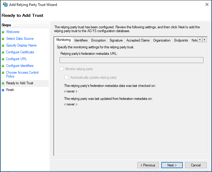 Ready to Add Trust screen in AD FS Management wizard