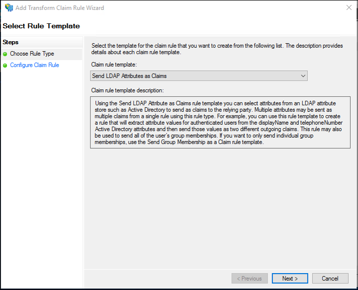 Select Rule Template to Send LDAP Attributes as a Claim in AD FS Management