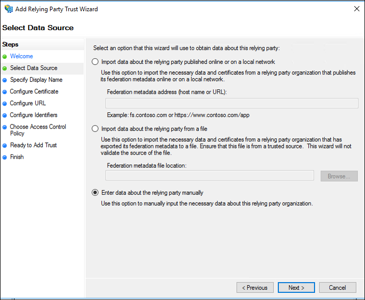 Select the Enter data about the relying trust party manually option in AD FS Management