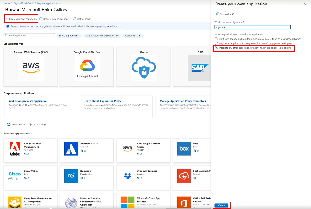 Screenshot of creating your own enterprise application in Azure Active Directory