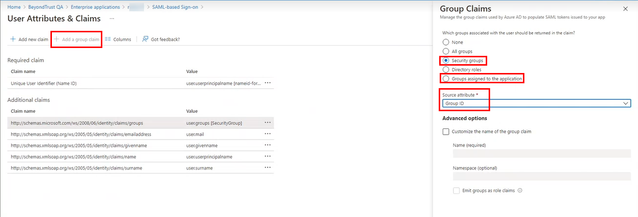 Screenshot of adding a new claim for enterprise application SAML based sign-on in Azure Active Directory