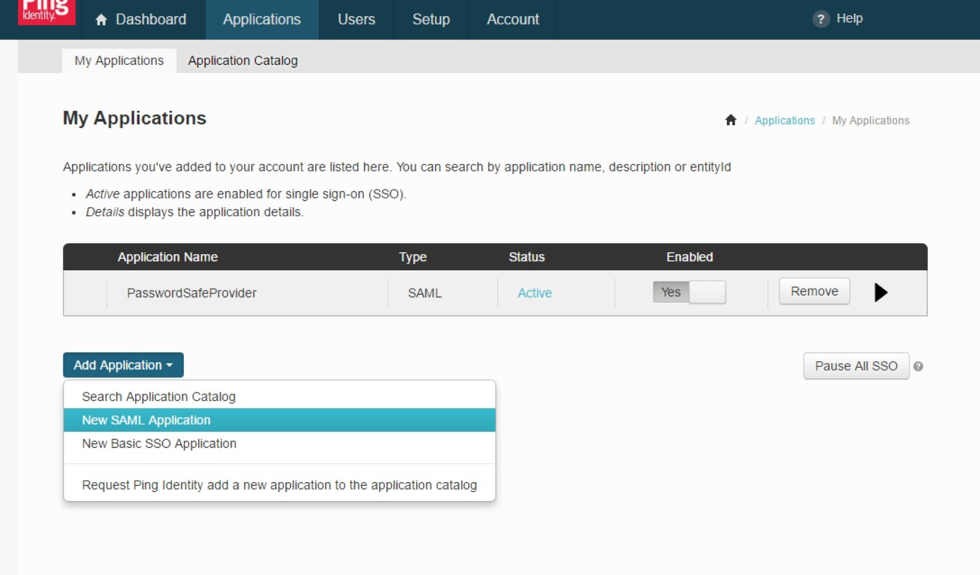 Screen Capture of Ping Identity New SAML Application Option