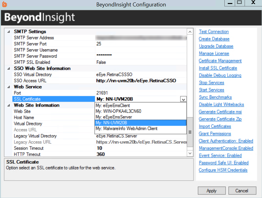 Screen capture of selecting the domain issued SSL Certificate in BeyondInsight Configuration Tool