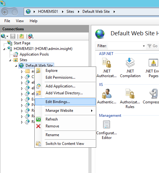 Screen capture of selecting the Edit Bindings Option for Default Web Site in IIS
