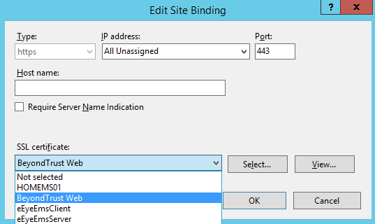 Screen capture of selecting the issued domain SSL Certificate in the Edit Site Bindings Window