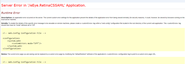 Screen Capture of SAML 2.0 Web Application Runtime Error