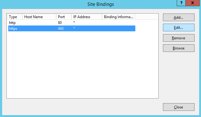 screenshot of the Site Bindings window