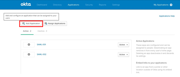 Screen Capture of Okta Add Application Button