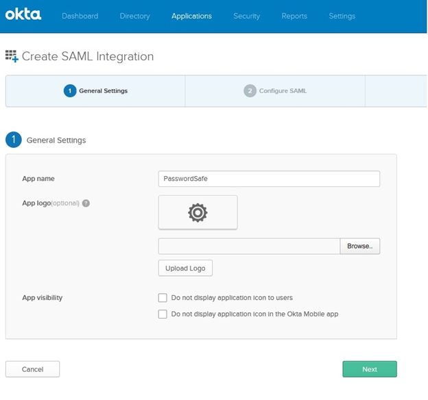 Screen capture of adding an App Name in the Okta Create SAML Integration window