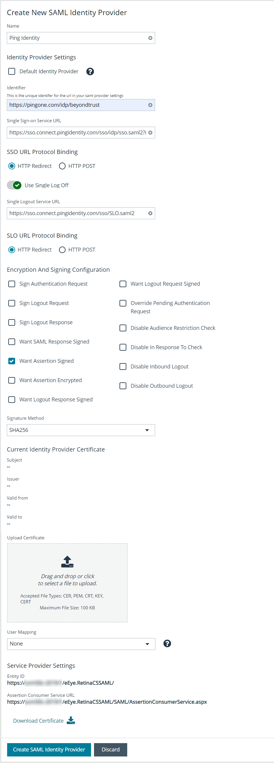 SAML Configuration for Ping Identity in BeyondInsight