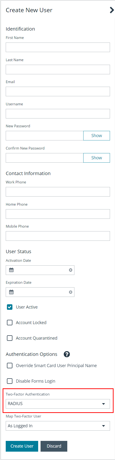Screen Capture of RADIUS Two-Factor Authentication Option on a User Account