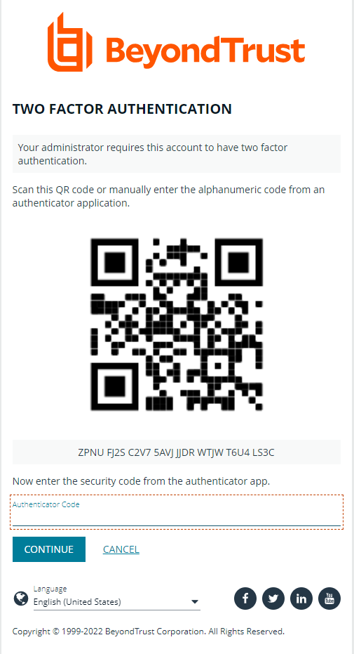 Two-Factor Authentication QR Code Screen