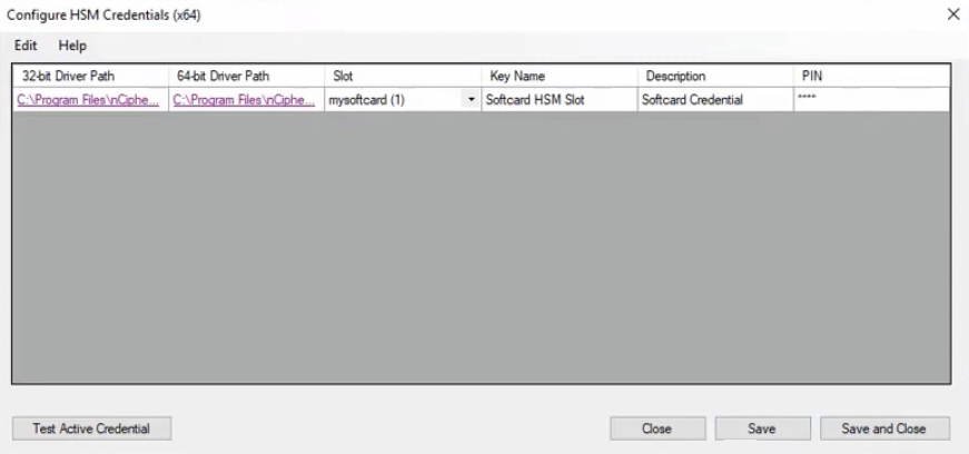 In the Configure HSM Credentials window, enter the HSM details and click Save.