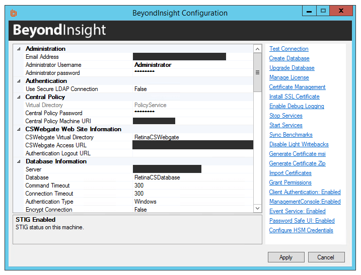Screenshot of the BeyondInsight Configuration dialog.
