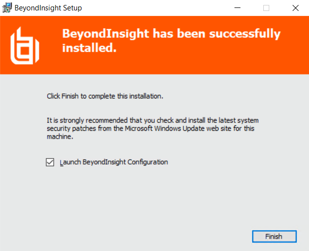 Screenshot of BeyondInsight Upgrade Installer Finish Screen