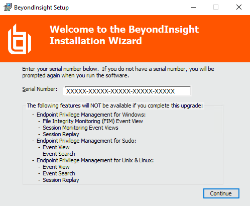 Screenshot of the BeyondInsight Upgrade Installer Wizard Welcome Screen