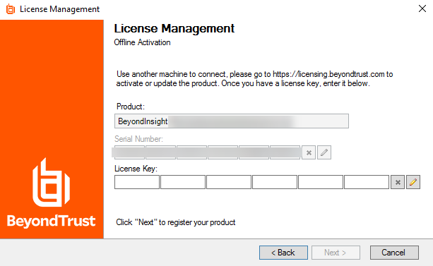 BeyondInsight offline licensing enter license key