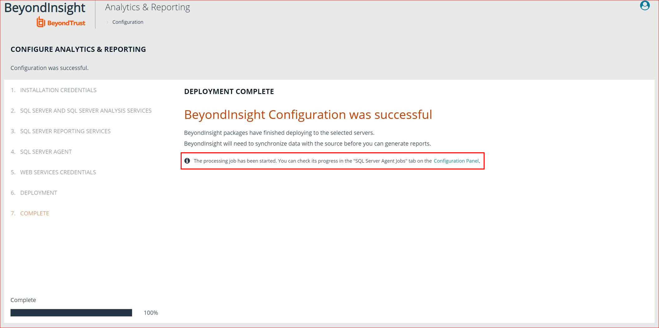 Screenshot of BeyondInsight Analytics & Reporting Configuration Wizard Configuration Success