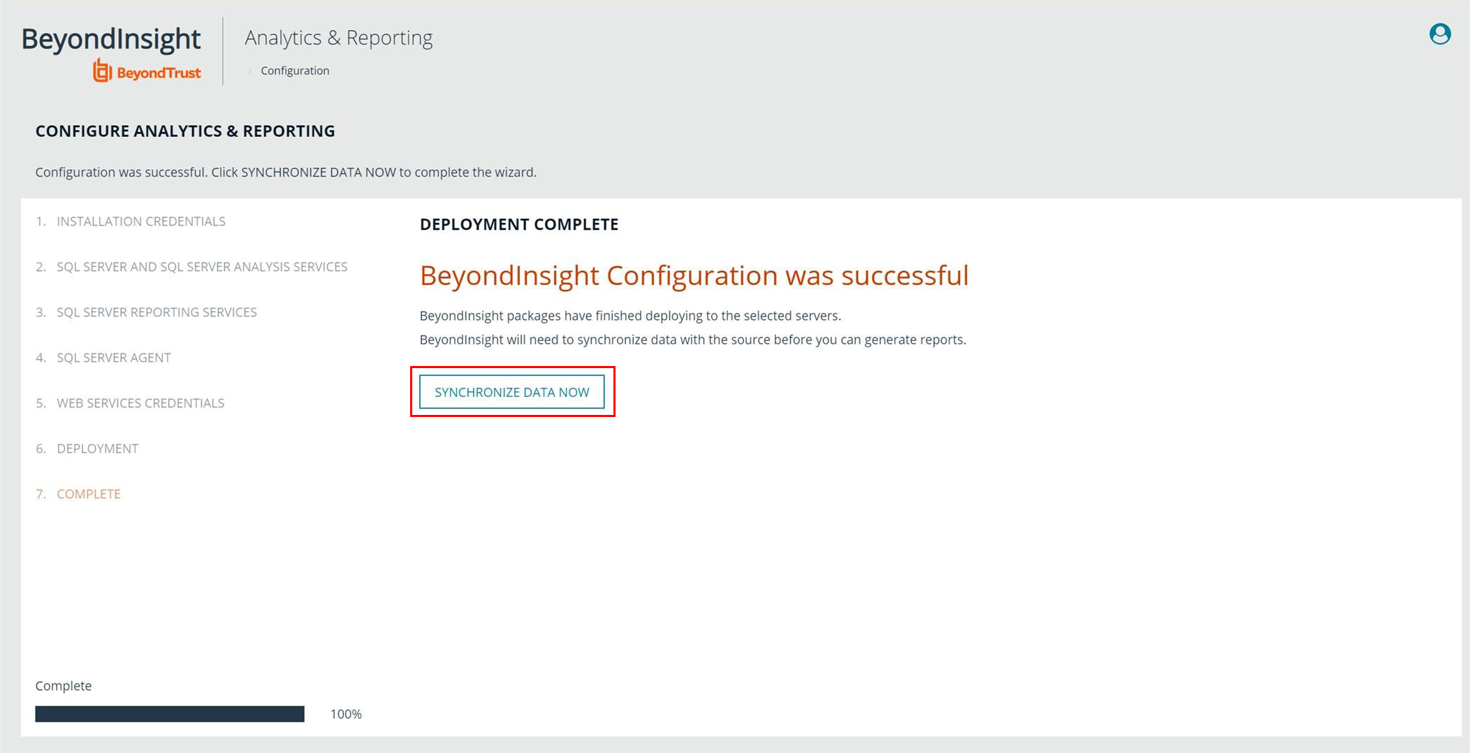 Screenshot of BeyondInsight Analytics & Reporting Configuration Wizard Sync Data