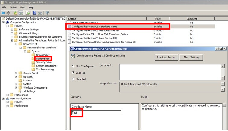 Group Policy Management Editor: Configure Certificate Name