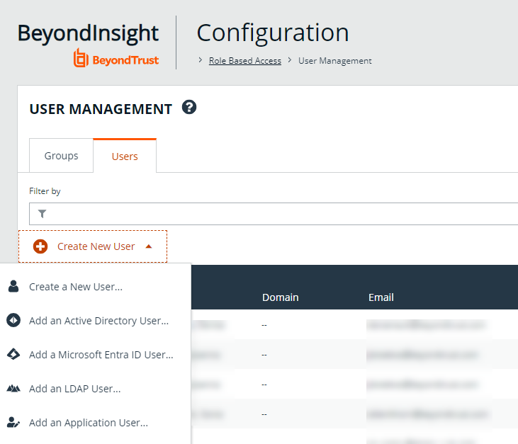 Create a New User in BeyondInsight for the service account.
