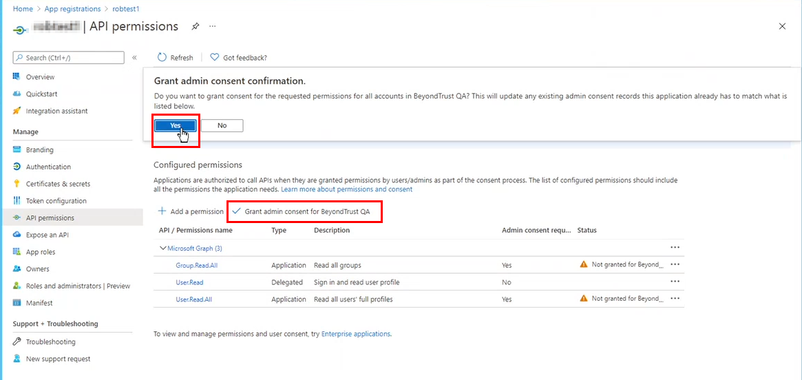 Azure grant admin consent for user and group read all permissions screenshot