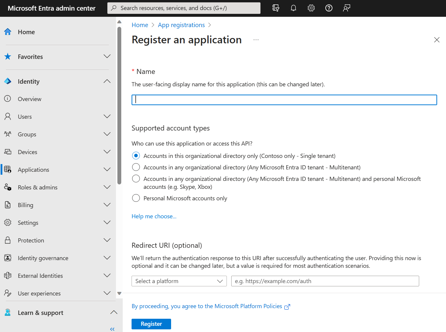 Screenshot of registering an application in Entra ID